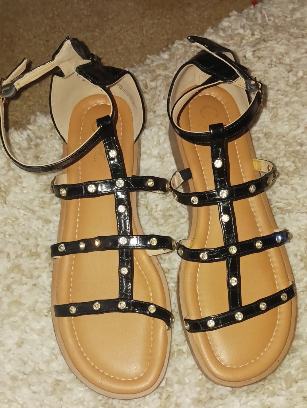 Black T-Strap Rhinestone Gladiator Sandals for Women